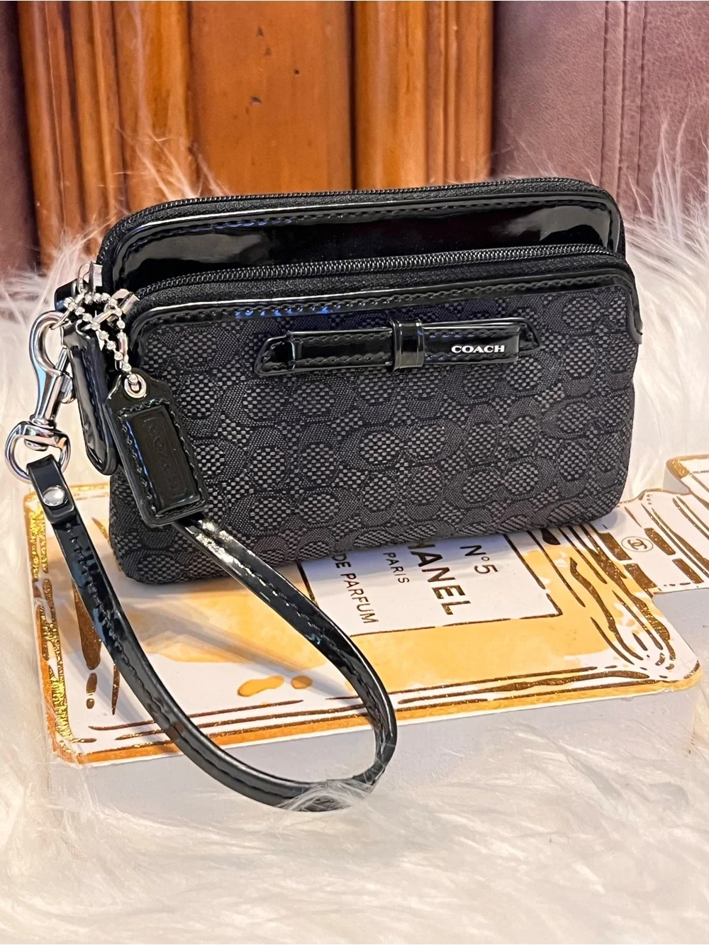 Coach Black Signature with Patent Trim double zipper wristlet